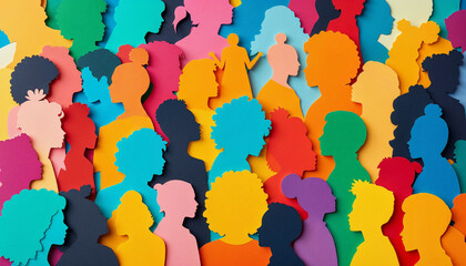 Flat-lay of colorful paper cutouts of diverse human silhouettes representing unity and inclusion.