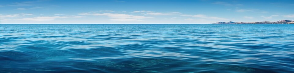 Fototapeta premium Vast calm ocean under a clear sky with distant land on the horizon during daytime.