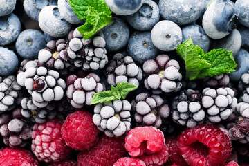 Many different frozen berries and mint as background, top view