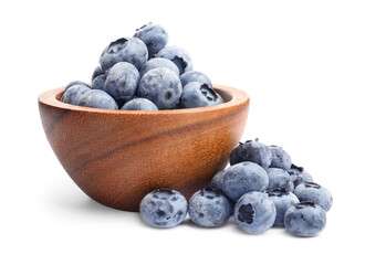 Many frozen blueberries in bowl isolated on white