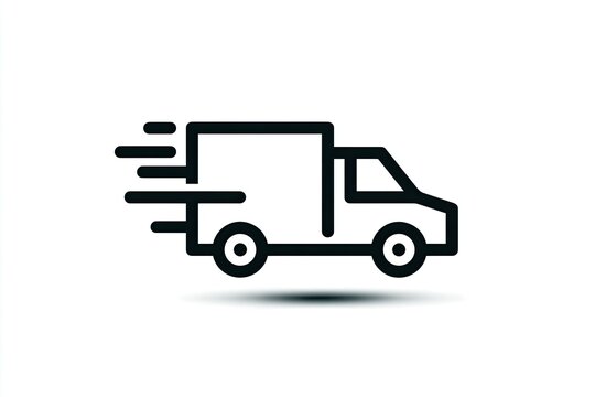 Simple, black outline icon of a delivery van with speed lines