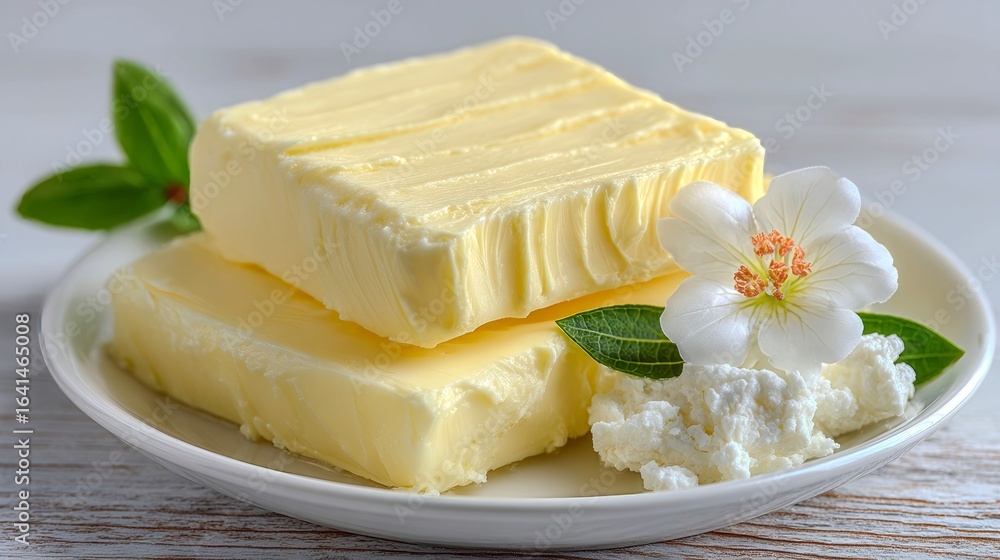 Poster two slices of butter on a white plate with a flower on the side. the butter is spread out and the fl