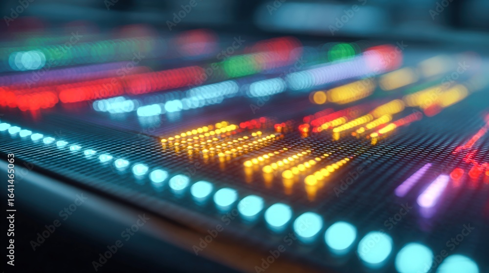 Poster abstract glowing lights background: colorful digital display with depth of field for tech and design
