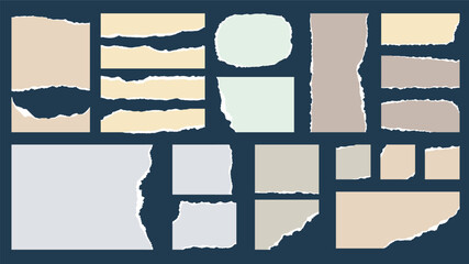 Ripped paper set of isolated elements. Collection of torn fragment, page pieces, notebook borders with rough damaged frames, empty ragged templates for scrapbook decoration. Vector illustration.