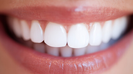 A close-up of bright white teeth with a natural smile, softly lit against a clean background.