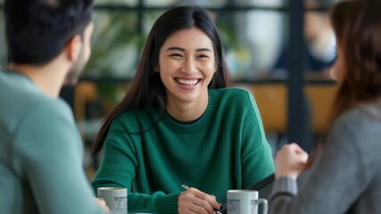Three young adult friends gather at table inside for cheerful meeting. The central woman grins joyfully, listening intently. Mugs sit on table, suggesting relaxed, sociable setting