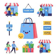 Positive Experience Vector Icons – Happy Customers, Shopping Bags With Smiles, Gift Boxes, Thank You Signs, Bonus Coupons, Flat Vibrant Modern Style