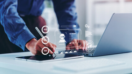 AI Artificial agents with Ai Assistants to create content to Goals, Man pointing tablet Technology...