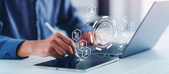 AI Artificial agents with Ai Assistants to create content to Goals, Man pointing tablet Technology smart robot AI and workflow chat, and help provide ideas to help in business target