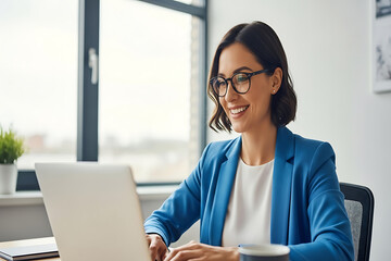 Smiling businesswoman wearing glasses and a blue blazer working on a laptop in an office setting