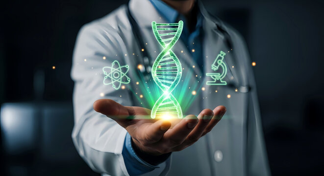 Doctor presents a glowing dna hologram, symbolizing advancements in genetic medicine
