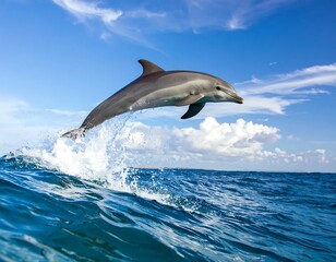 Fototapeta premium A captivating view of a dolphin breaching out of the pristine ocean waters
