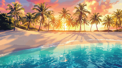 Tropical Beach Sunset with Palm Trees and Turquoise Water ocean.