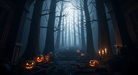 Spooky halloween scene with jack-o'-lanterns and forest