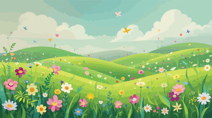 Naklejka premium Whimsical Spring Meadow with Smiling Flowers and Butterflies nature landscape.