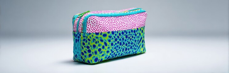 Colorful zippered pouch with a pink and teal design.  