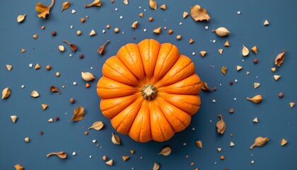 A single pumpkin rests against a dark background, with a scattering of what appears to be autumn leaves around it, creating an autumnal atmosphere.