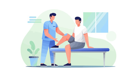 Physiotherapist treating a male patient with a knee injury. Doctor providing orthopedic rehabilitation and physical therapy in a clinic.