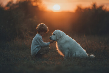 child gently petting elderly dog during beautiful sunset moment of pure respect