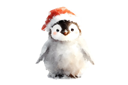 Cute penguin wearing a Santa hat. - Powered by Adobe