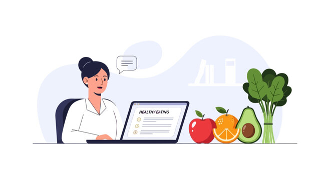 Woman at laptop with "Healthy Eating" list, surrounded by fresh produce: apple, orange, avocado, and spinach.