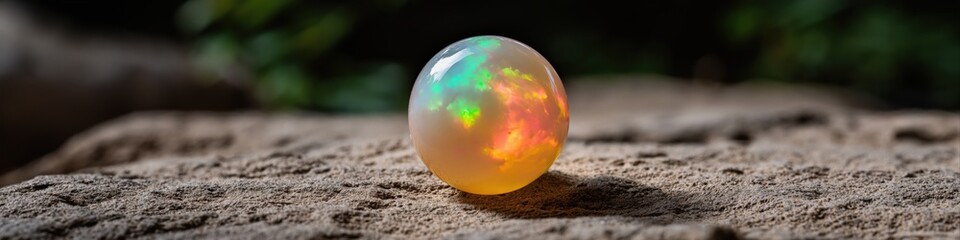 Iridescent opal sphere on natural rock surface with vibrant rainbow colors