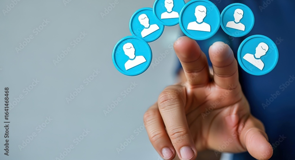 Poster man selecting person icon in digital network interface representing human resources and teamwork