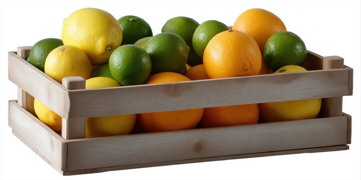Wooden crate filled with fresh lemons, limes, and oranges