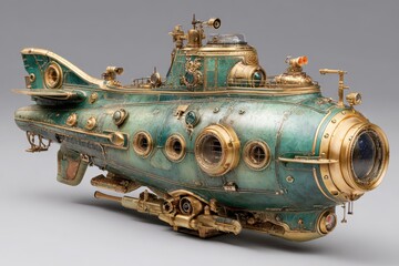 Fototapeta premium Steampunk Submarine: Ornate Design with Brass and Green Patina, Detailed Rivets and Portholes.