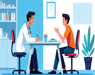 Doctor listening to a patient during a medical consultation in a clinic office. Healthcare vector illustration concept.