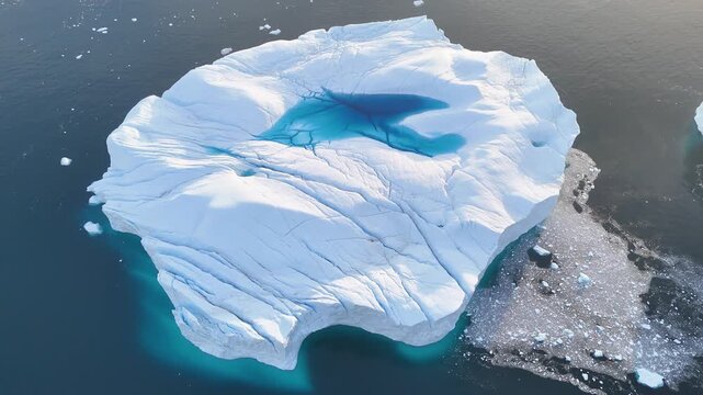 A tall melting iceberg in the Arctic Ocean. A glacier with a lake and waterfall. Clear ice floats in turquoise water. Ecology, melting ice, climate change, global warming. Aerial view. Midnight sun.