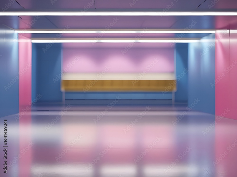 Poster modern empty exhibition space with colorful lighting and a golden display shelf