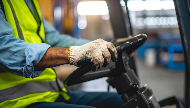 Dedicated forklift operator in high-visibility vest skillfully maneuvering at a busy warehouse loading dock