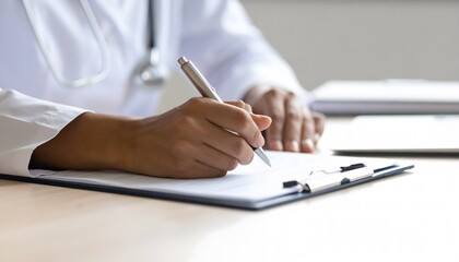 Professional doctor diligently writing patient notes on clipboard in modern clinic office