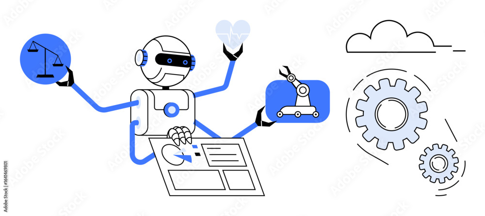 Poster robot multitasking with scales, abstract data, and automation gear. ideal for ai advancement, roboti