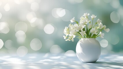 Fototapeta premium Delicate white flowers in a vase with soft bokeh background and dappled light