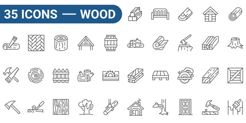 Thirty five icons of wood and carpentry with outline style, for design projects, woodworking websites, construction logos. Ideal for digital and print projects. editable stroke. vector illustration.