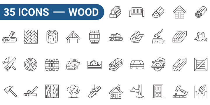 Thirty five icons of wood and carpentry with outline style, for design projects, woodworking websites, construction logos. Ideal for digital and print projects. editable stroke. vector illustration.