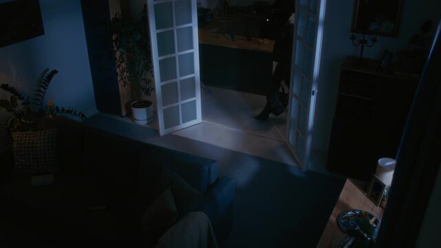 High angle shot of two thieves with flashlights and bags entering living room and looking around. One of them putting all jewelry in bag while other one catching sight of security camera