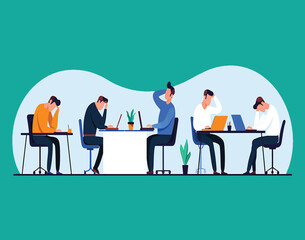 Group of tired and frustrated business people experiencing professional burnout. Vector concept of workplace stress and deadlines.