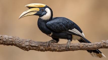 A hornbill perched on a branch featuring a prominent yellow bill and black plumage set against a neutral background