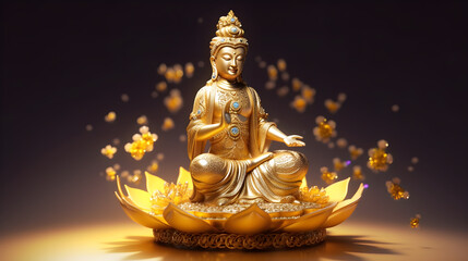 Fototapeta premium A serene Buddha statue with golden color and intricate designs, surrounded by golden flowers and surrounded by a dark background.