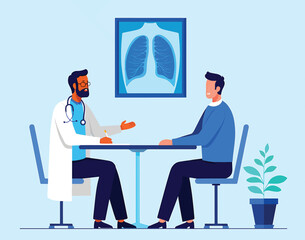 Doctor and patient in consultation discussing lung health with a chest x-ray scan in the background. Vector illustration of a medical checkup.