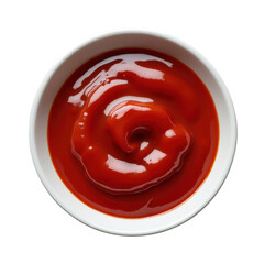 Overhead view of a small white bowl filled with vibrant red ketchup against a transparent background