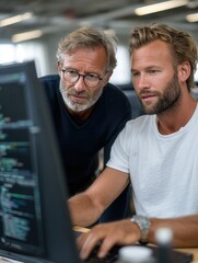 Professionals Collaborating on Software Development Project in Office