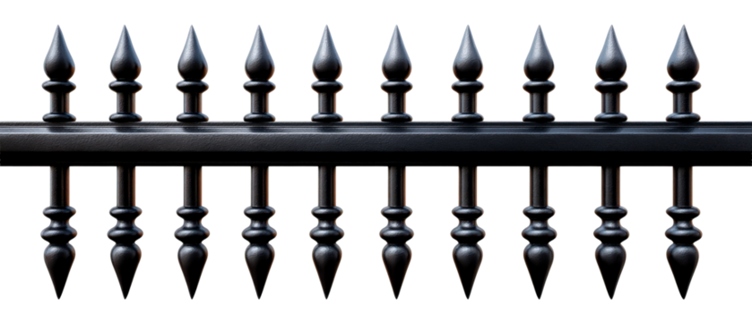 Decorative Black Metal Fence with Elegant Finials Design Isolate on Transparent Background, cutout, png
