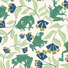 green textured frog and botanical seamless pattern. perfect for your craft supplies, printed it on fabric, or paper. make notebook cover, phone case, background or stickers