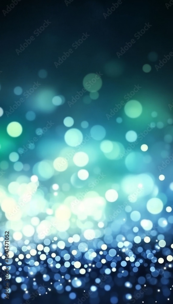 Poster a beautiful abstract blue and green bokeh background with sparkling lights and soft glow effects