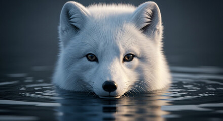  Close-up of a vigilant adult arctic fox with thick pure white fur and soft fluffy texture emerging from dark murky water, sharp dark eyes, and dramatic lighting highlighting its keen and intense expr