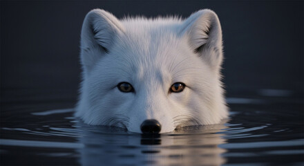  Close-up of a vigilant adult arctic fox with thick pure white fur and soft fluffy texture emerging from dark murky water, sharp dark eyes, and dramatic lighting highlighting its keen and intense expr